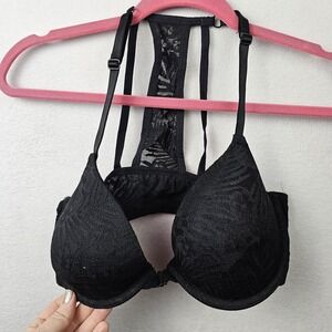 Victoria’s Secret Pink Bra Woman’s Size 34D Black Front Clasp Racerback Push-up